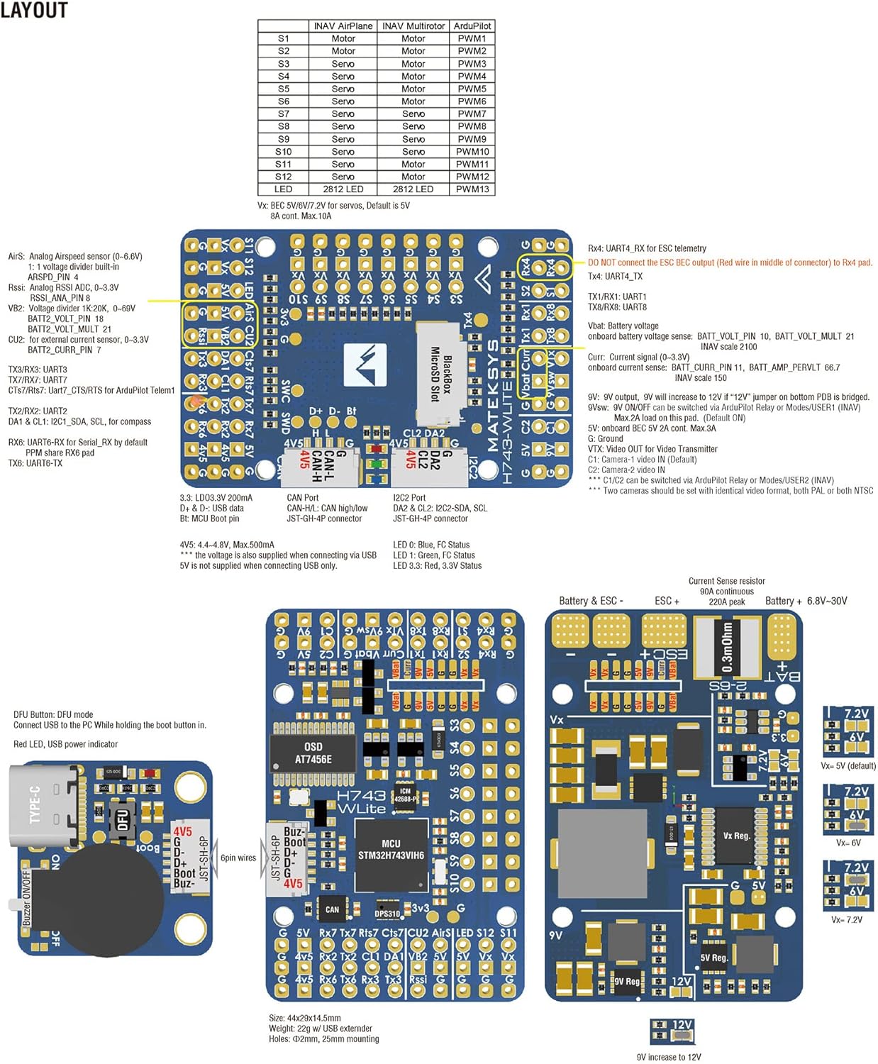 Mateksys Matek H743-WLITE Flight Controller STM32H743VIH6 ICM42688-P DPS310 OSD MicroSD Blackbox F765 wse Updated H743-WLITE