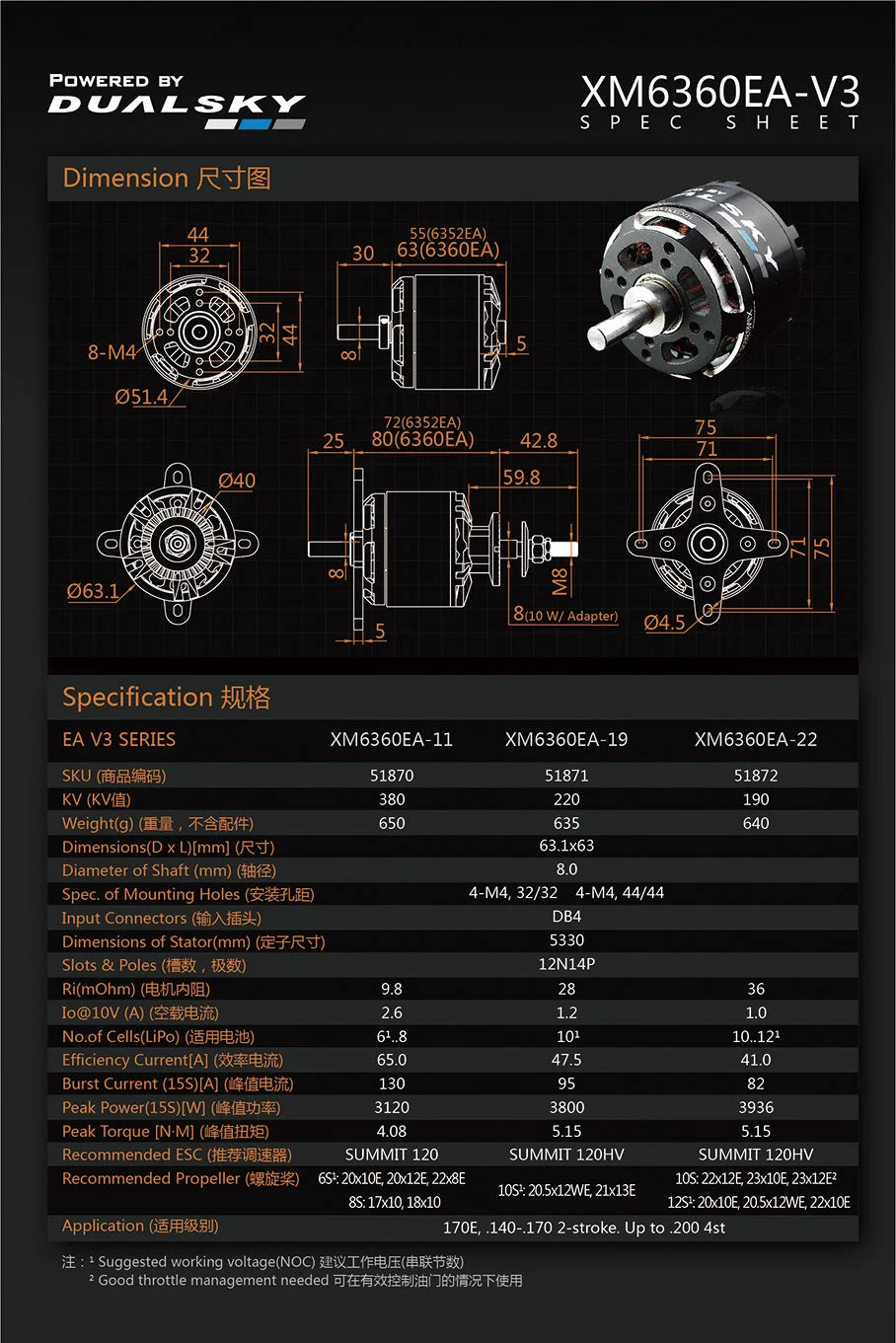 Dualsky XM6360EA V3 190KV 220KV 380KV Brushless Motor Support 12S 44.4V For Airplane