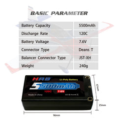 HRB 2S 7.6V 5500mah Hard Case Lipo Battery 120C 5.0mm Bullet Connector RC Car RC Truck RC Truggy RC Airplane UAV Drone