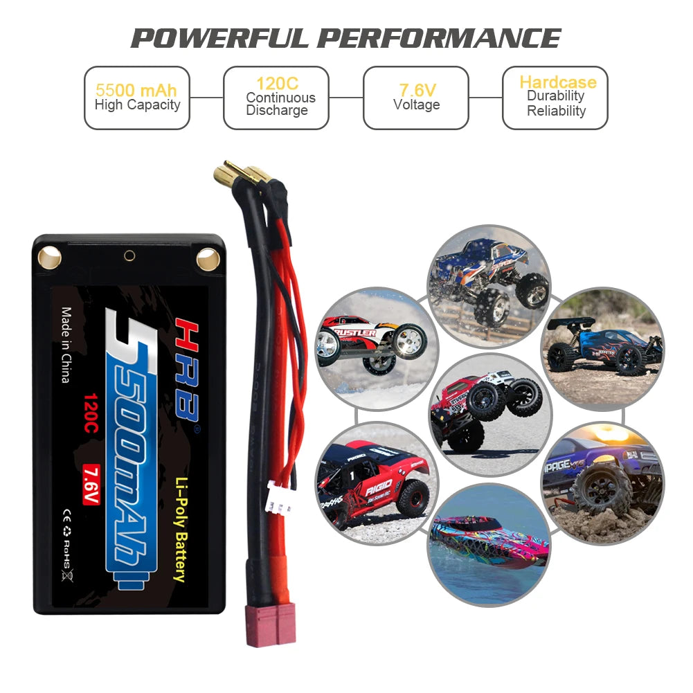 HRB 2S 7.6V 5500mah Hard Case Lipo Battery 120C 5.0mm Bullet Connector RC Car RC Truck RC Truggy RC Airplane UAV Drone
