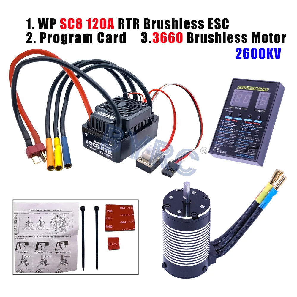 Hobbywing  SC8-RTR 120A Brushless ESC + KRUN 3660 2600/3300/3500/3800/4600KV Sensorless Motor +Program card for 1/10 RC Car