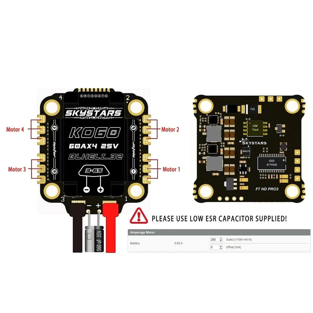Skystars F7 F722HD PRO4 Flight Controller OSD KO45/KO60 45A/60A 128K Blheli_32 3-6S ESC Stack 30.5mm FPV Racing Drone Quadcopt