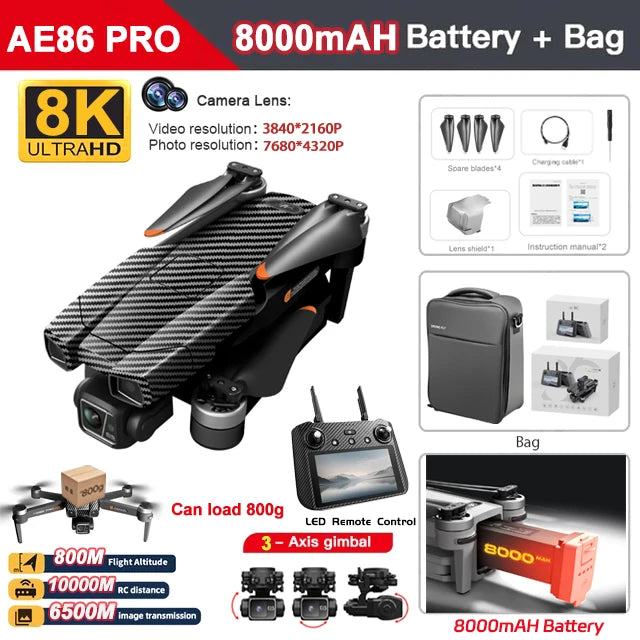 SJRC AE86+ 8K Pro Camera Drone GPS 3-axis stabilized PTZ With EIS Relay Professional Brushless Quadcopter Remote Controlled Dron