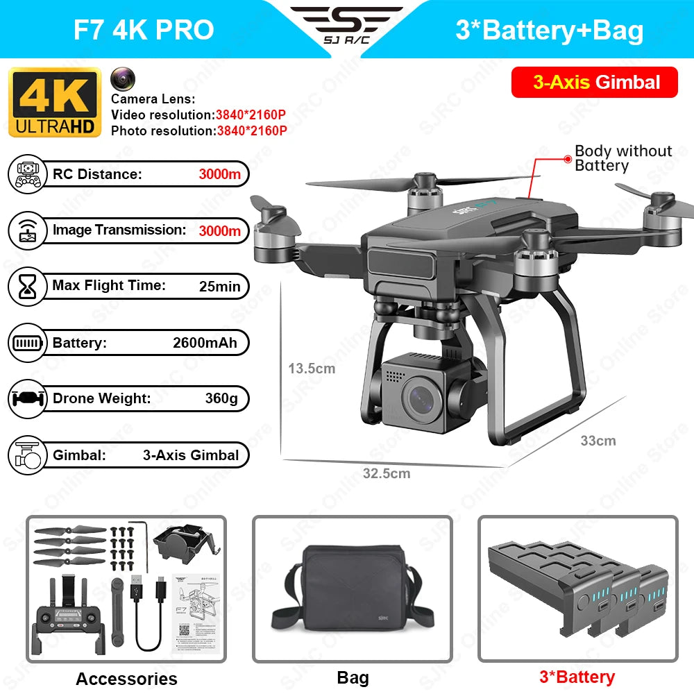 SJRC F7 Pro 4K Camera Drone 3 Axis Gimbal Profesional 5G GPS Brushless Motor Quadcopter Max Flight Time is 25 Minutes RC Dron