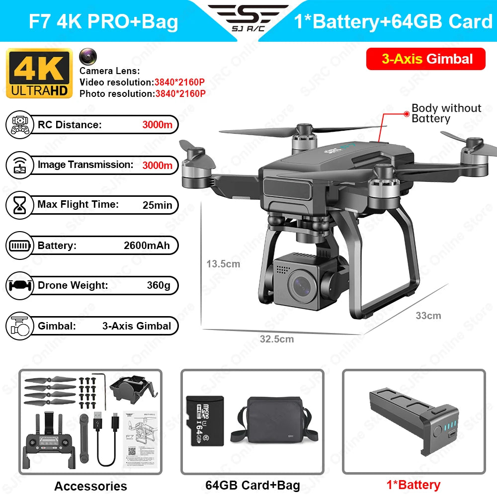 SJRC F7 Pro 4K Camera Drone 3 Axis Gimbal Profesional 5G GPS Brushless Motor Quadcopter Max Flight Time is 25 Minutes RC Dron