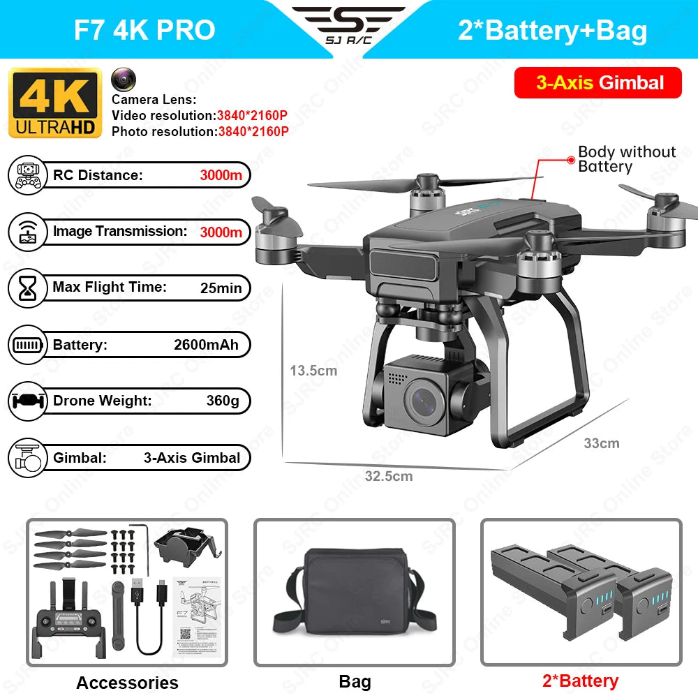 SJRC F7 Pro 4K Camera Drone 3 Axis Gimbal Profesional 5G GPS Brushless Motor Quadcopter Max Flight Time is 25 Minutes RC Dron