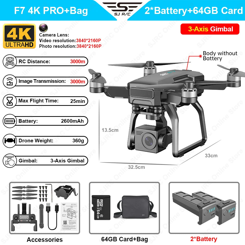 SJRC F7 Pro 4K Camera Drone 3 Axis Gimbal Profesional 5G GPS Brushless Motor Quadcopter Max Flight Time is 25 Minutes RC Dron