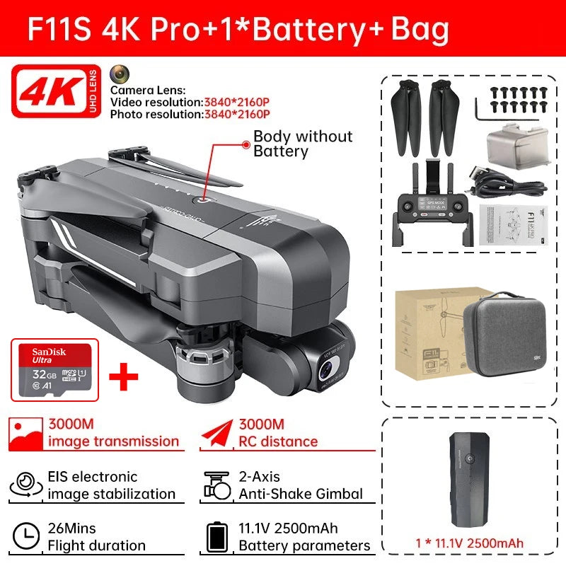 SJRC Professional F11S 4K Pro GPS 5G WIFI 3KM RC Distance FPV 2-Axis Electronic Stabilization Gimbal Brushless RC Drone Boy Toy
