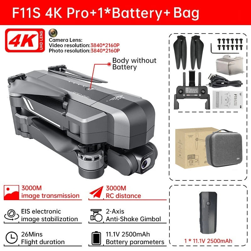 SJRC Professional F11S 4K Pro GPS 5G WIFI 3KM RC Distance FPV 2-Axis Electronic Stabilization Gimbal Brushless RC Drone Boy Toy