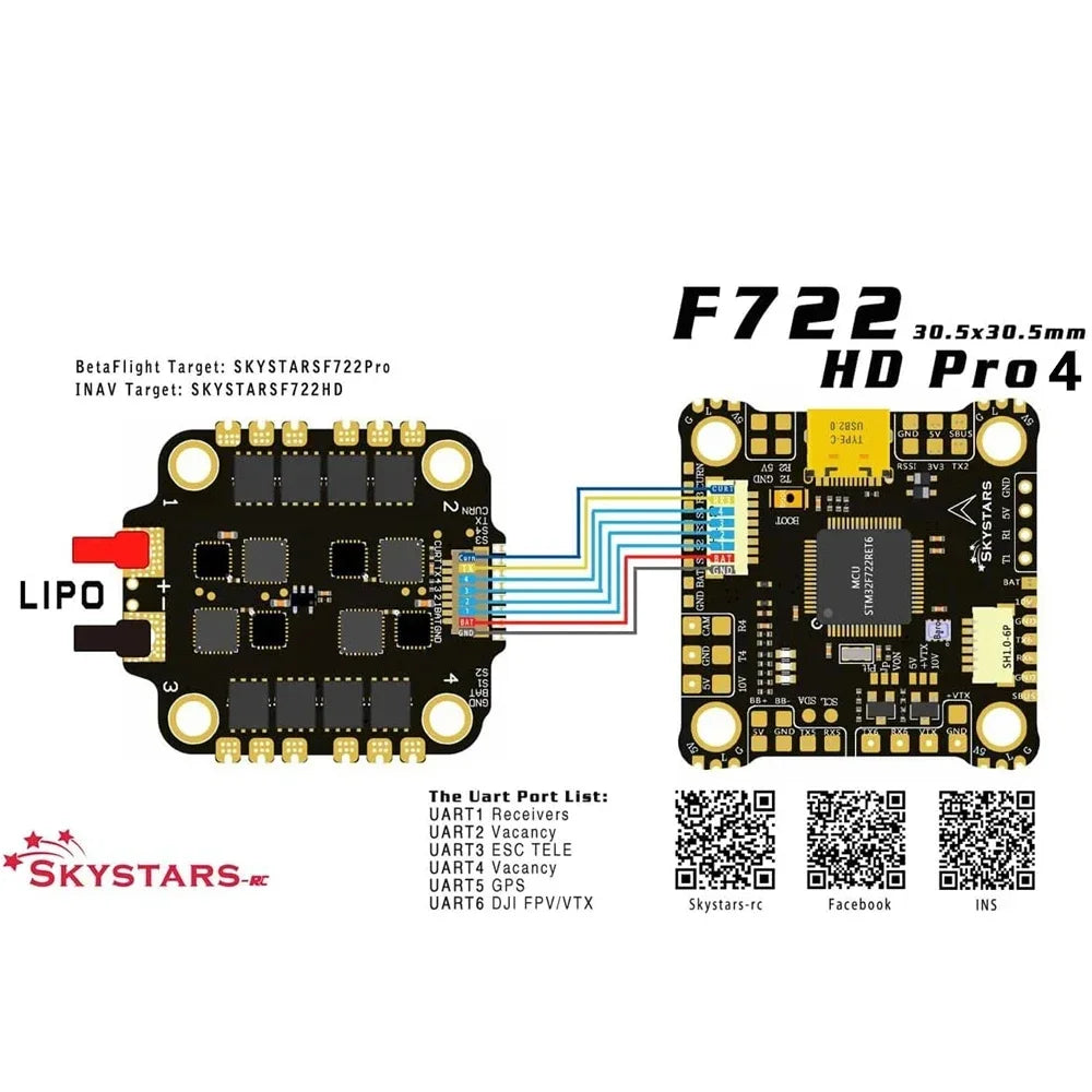 Skystars F7 F722HD PRO4 Flight Controller OSD 45A/60A 128K Blheli_32 3-6S ESC Stack 30.5mm FPV Racing Drone Quadcopt