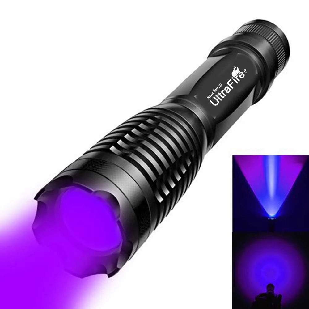 UltraFire E5 395-405nm UV Flashlight Ultra Powerful Zoomable UV Light Luminaire Ultraviolet Lamp for Pet Urine Detector Scorpion